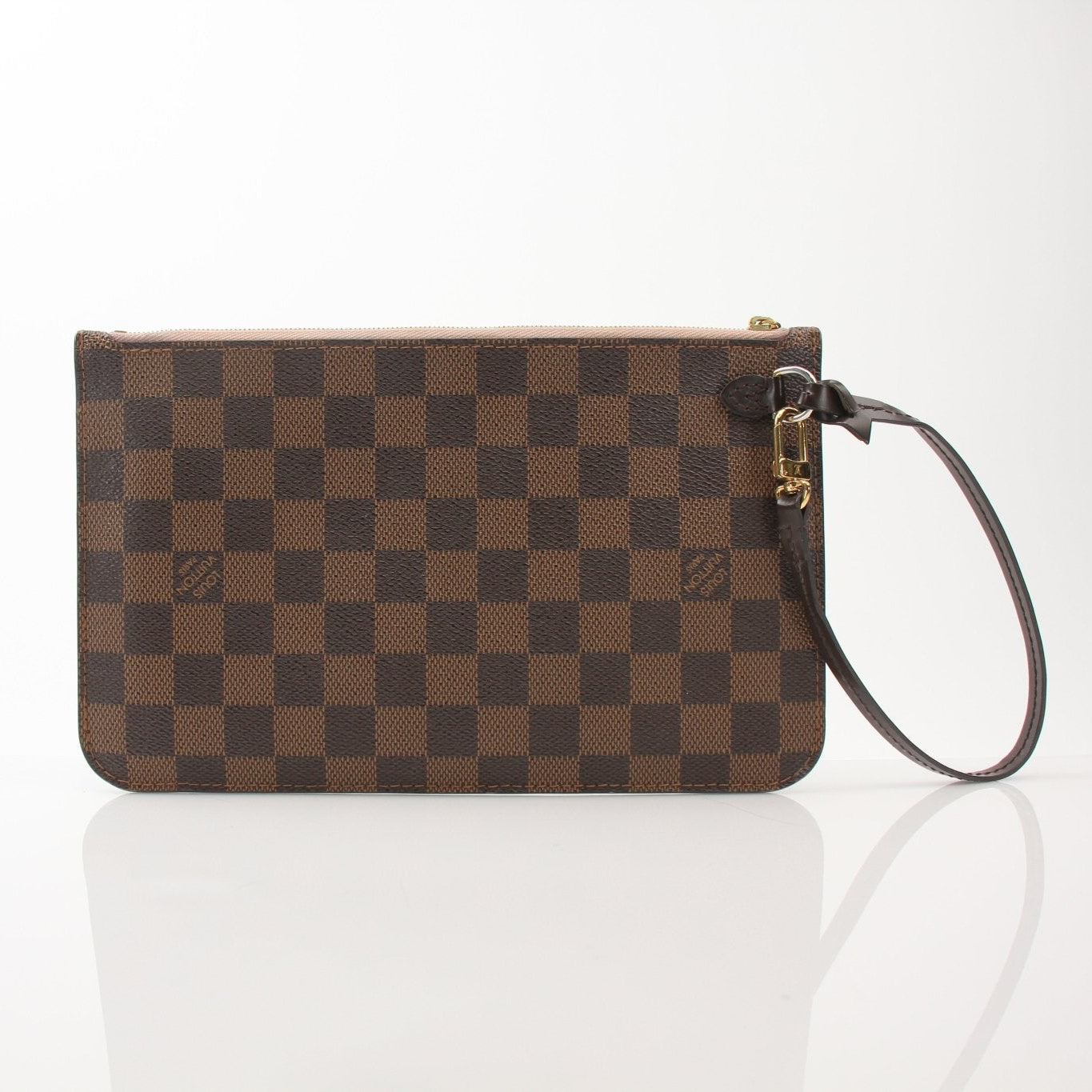 Gold & Beyond Louis Vuitton Pochette Wristlet, stylish travel bag with leather strap and signature monogram pattern.