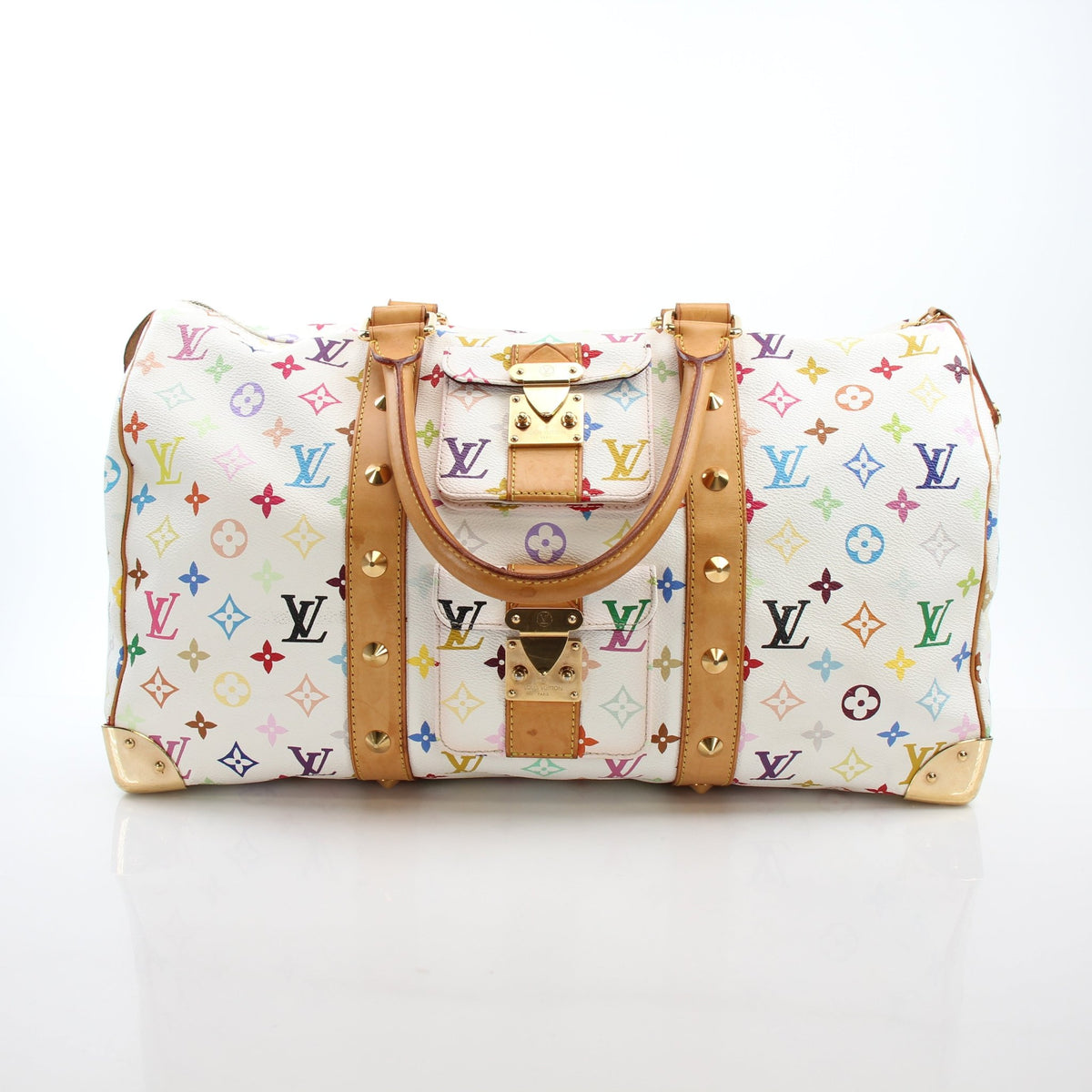 Louis Vuitton x Takashi Murakami Keepall 45 travel bag with colorful floral pattern and monogram canvas, gold hardware accents.