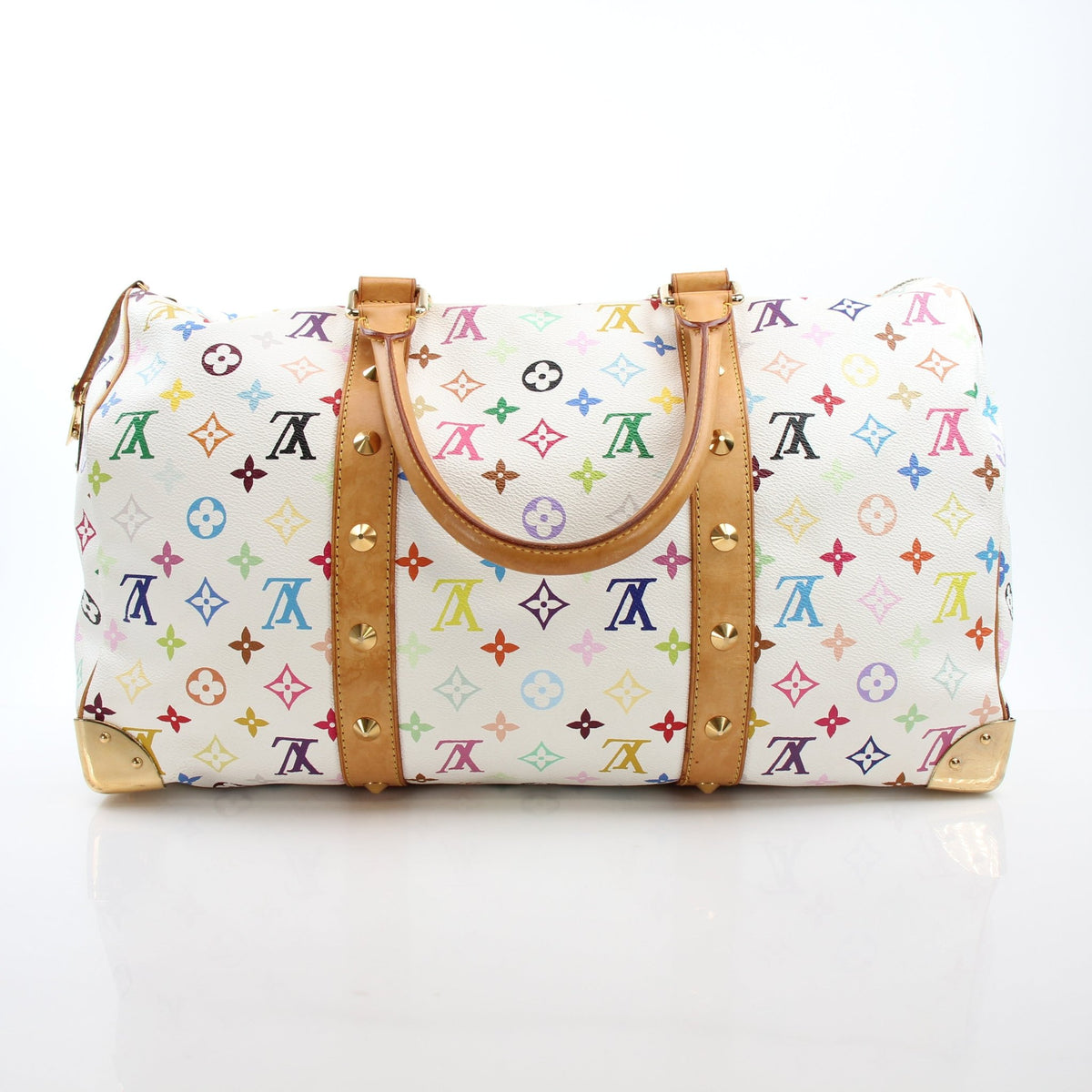 Louis Vuitton x Takashi Murakami Keepall 45 travel bag with vibrant floral print, featuring signature monogram canvas and leather accents.