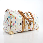 Louis Vuitton x Takashi Murakami Keepall 45 travel bag with colorful floral design, featuring Louis Vuitton monogram and vibrant artwork.