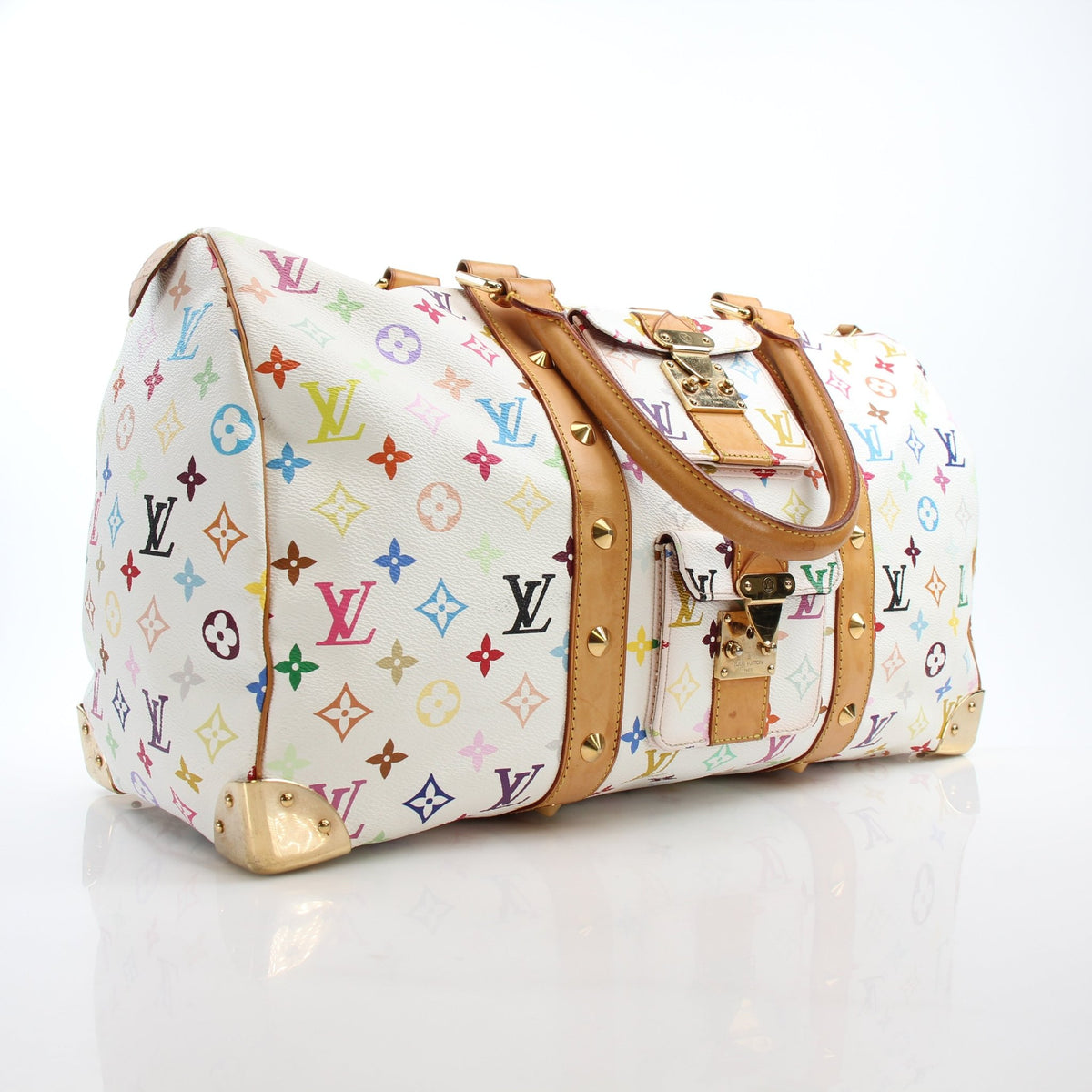 Louis Vuitton x Takashi Murakami Keepall 45 travel bag with colorful floral design, featuring Louis Vuitton monogram and vibrant artwork.