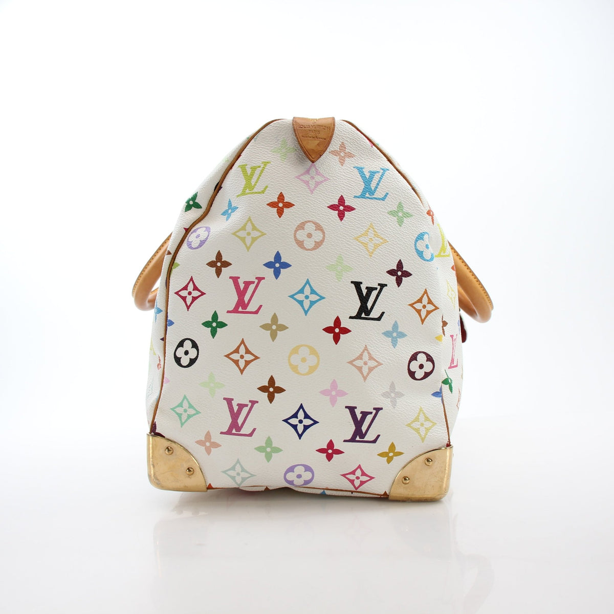 Louis Vuitton x Takashi Murakami Keepall 45 travel bag with vibrant floral pattern and leather handles, designed for stylish travel.