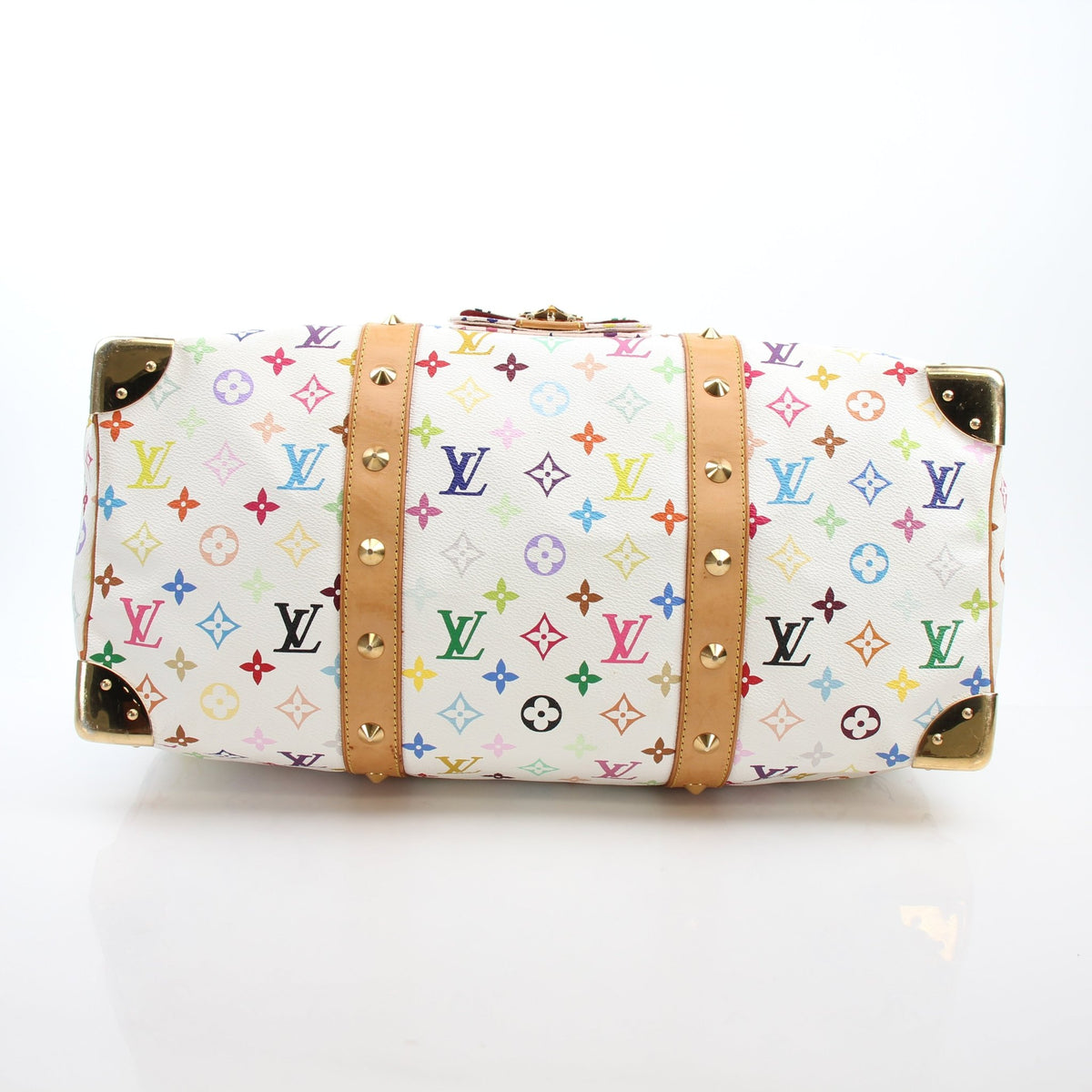 Louis Vuitton x Takashi Murakami Keepall 45 travel bag with colorful floral design, featuring vibrant artwork and luxury details.