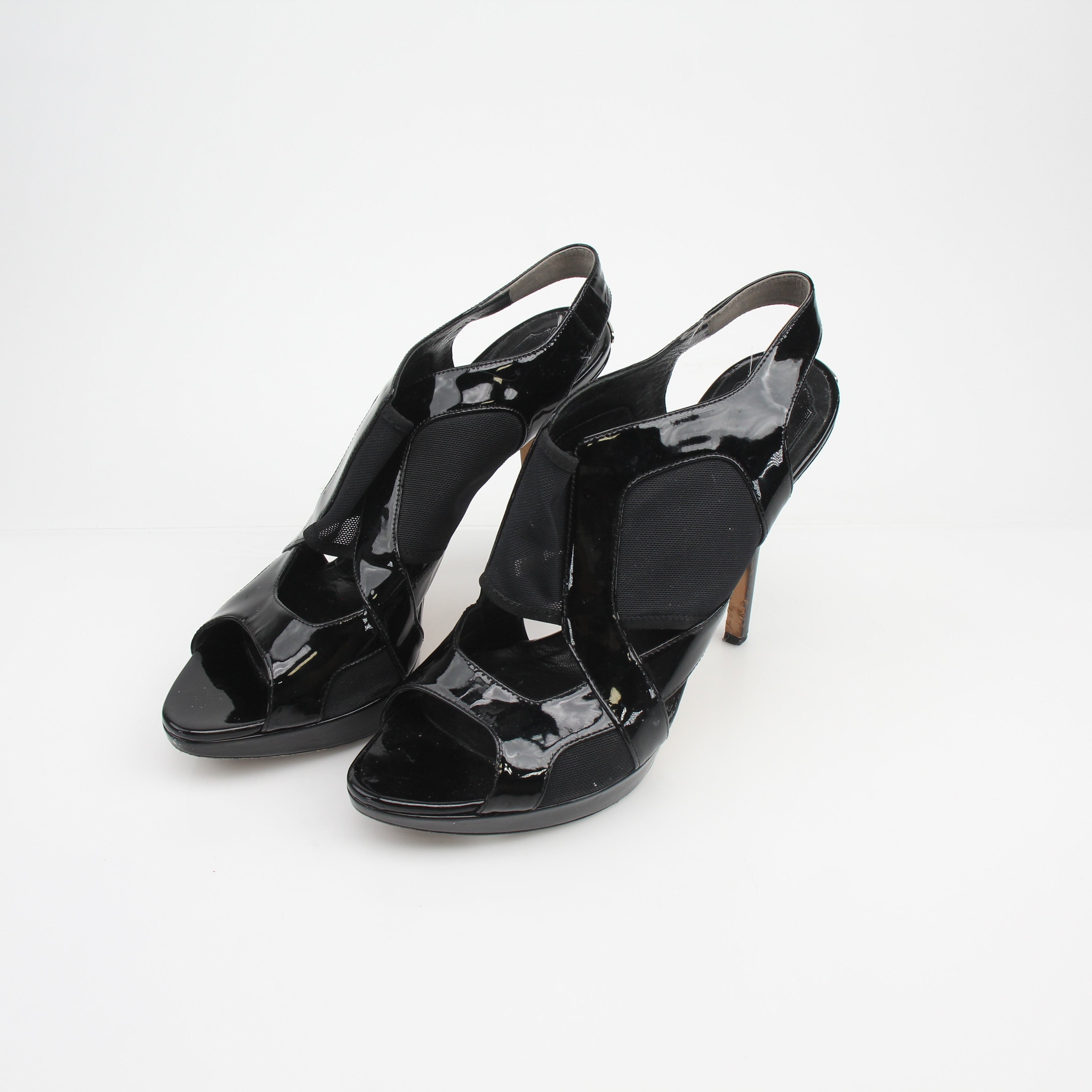 Christian Dior Black Patent Leather Mesh Slingback Sandals