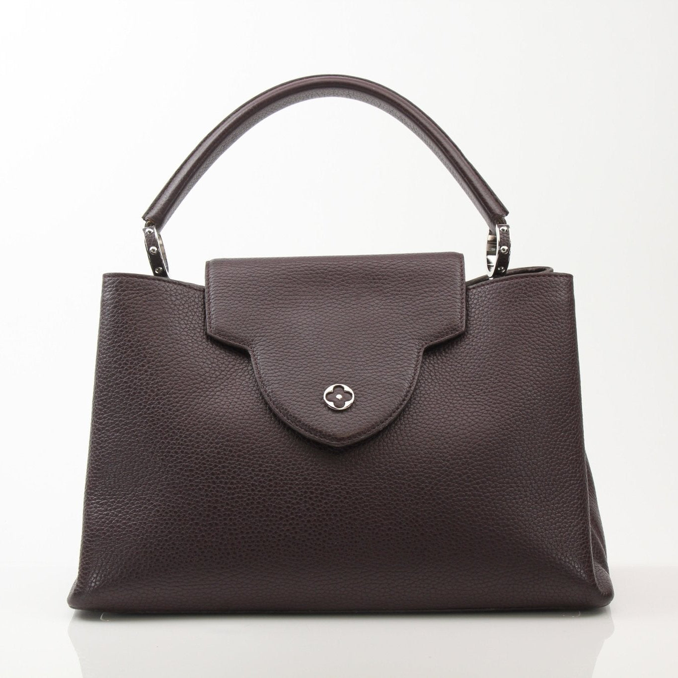 Gold & Beyond Louis Vuitton Capucines MM top handle handbag with leather exterior and gold hardware, front view.