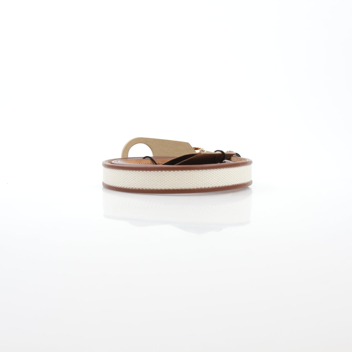 Burberry natural canvas and brown leather TB belt, stylish accessories with gold details, displayed on a neutral background.