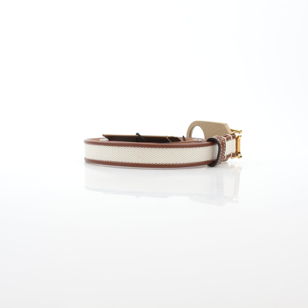 Burberry natural canvas and brown leather TB belt, stylish accessory with signature logo detailing and durable materials.