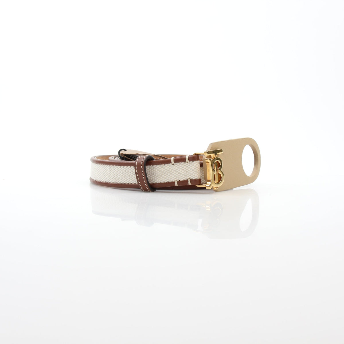 Burberry natural canvas and brown leather TB belt, accessory with adjustable buckle, featuring signature branding.