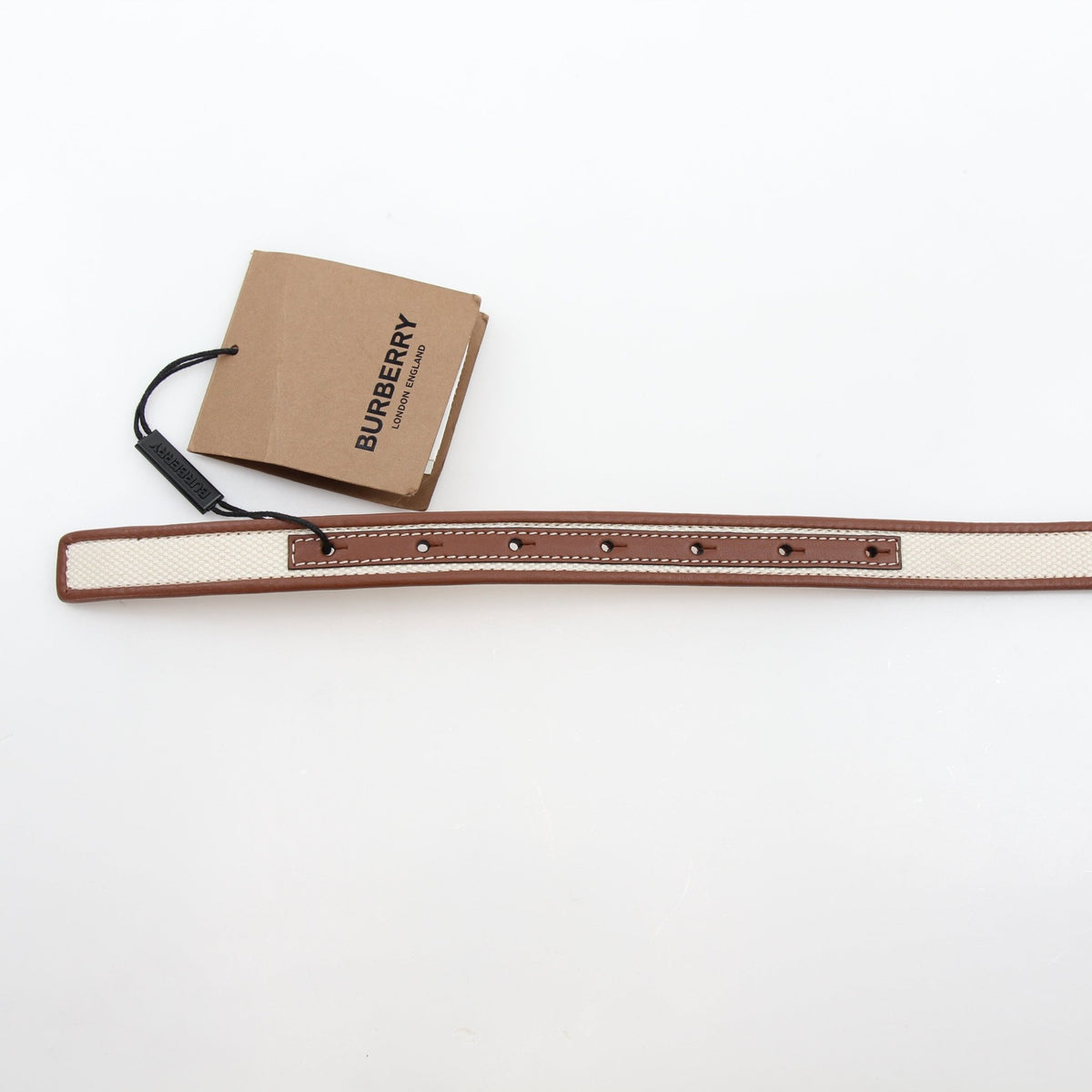 Burberry natural canvas and brown leather TB belt, stylish accessories with gold-tone buckle, casual and versatile fashion detail