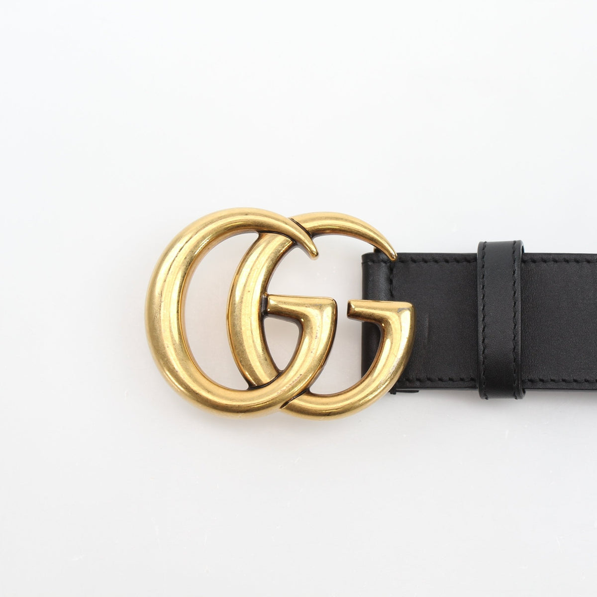 Gucci GG Marmont wide black leather belt with gold hardware, stylish accessory for men's and women's fashion.