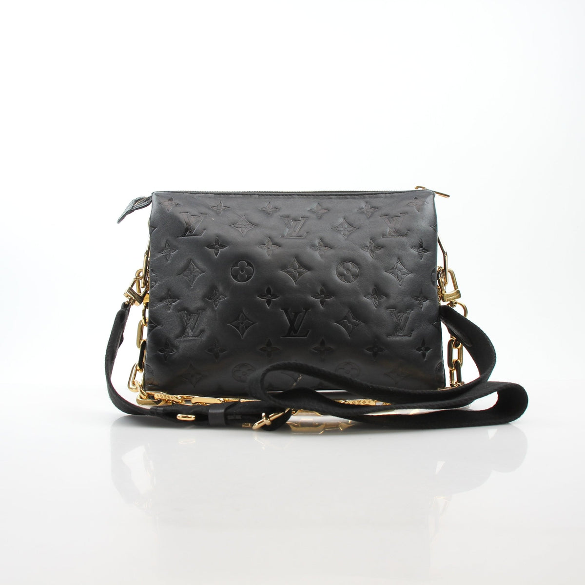 Louis Vuitton Black Coussin PM handbag by Gold & Beyond, showing the soft quilted leather exterior and gold-tone hardware.