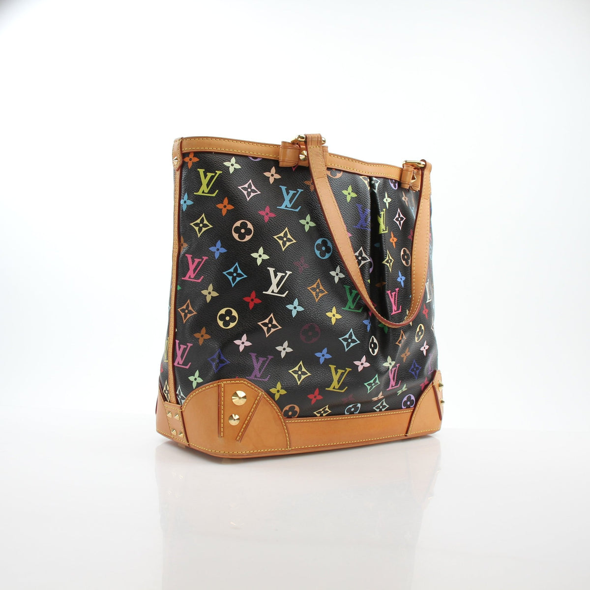 Louis Vuitton Sharleen MM black monogram multicolore tote handbag with gold accents and sturdy leather handles.