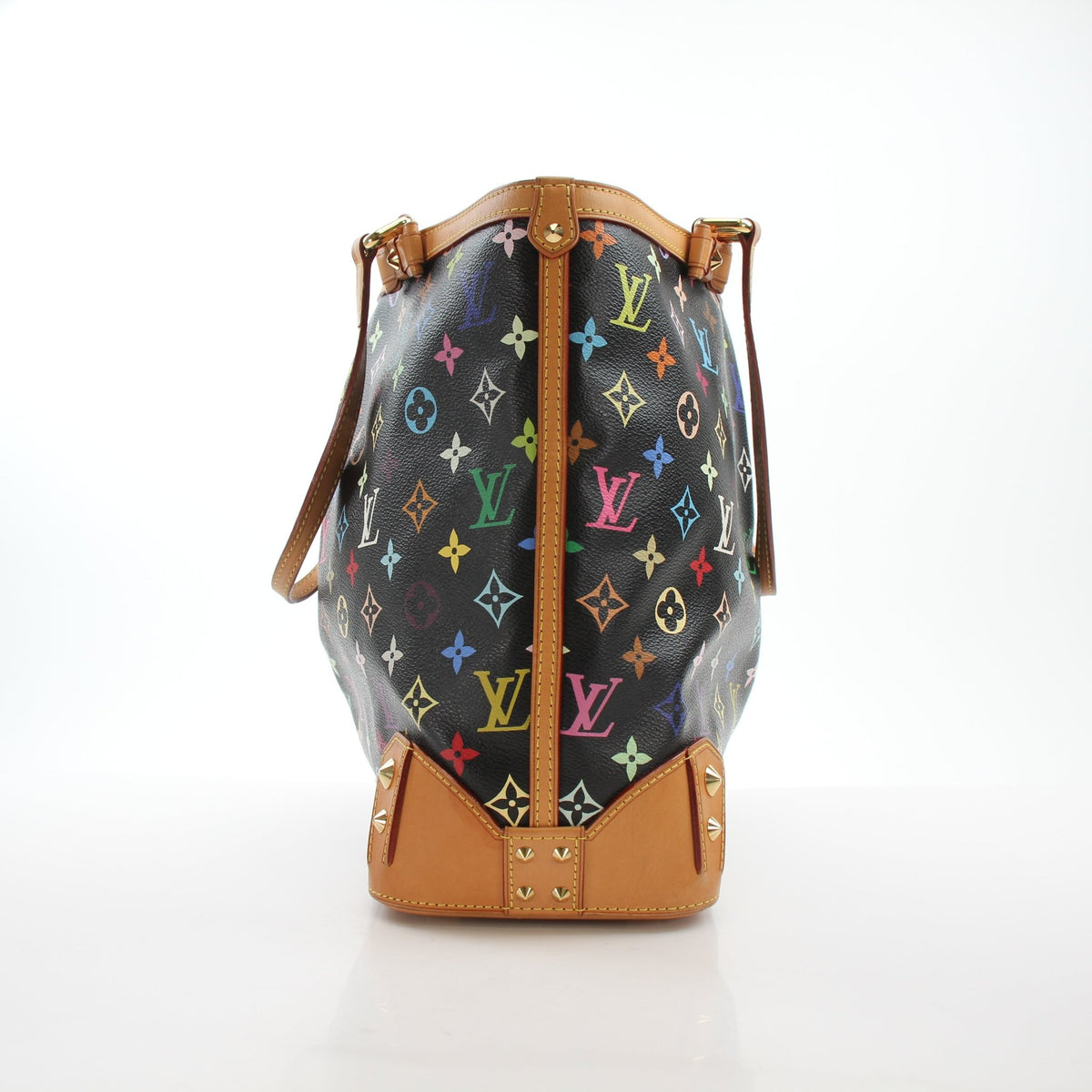 Louis Vuitton Sharleen MM black monogram multicolore tote handbag with gold-tone hardware and spacious interior.