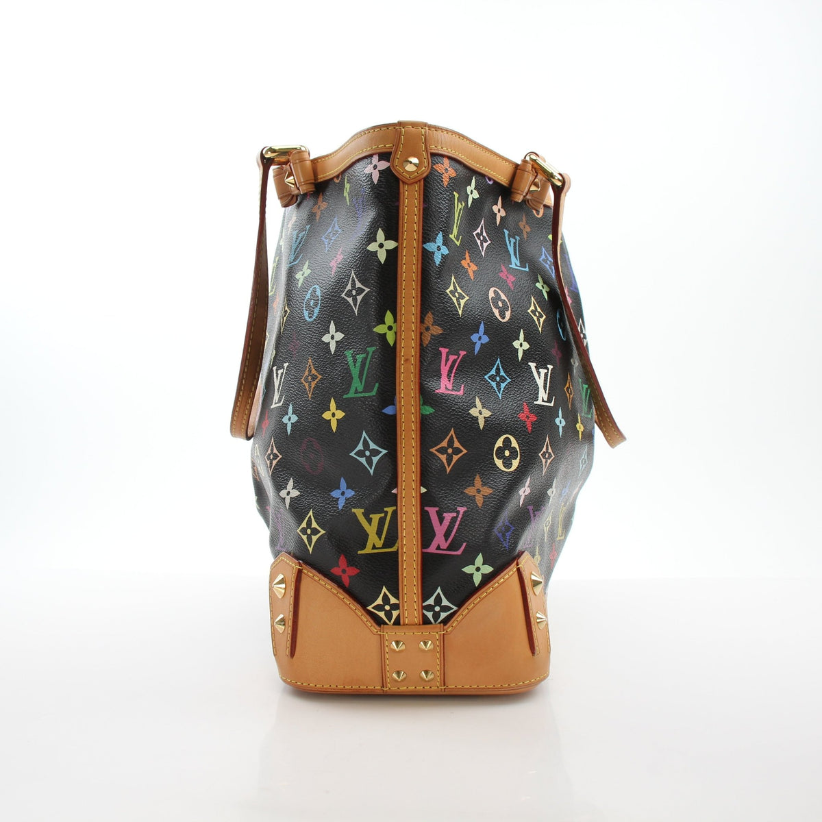 Louis Vuitton Sharleen MM black monogram multicolore tote handbag with leather handles and gold-tone hardware.