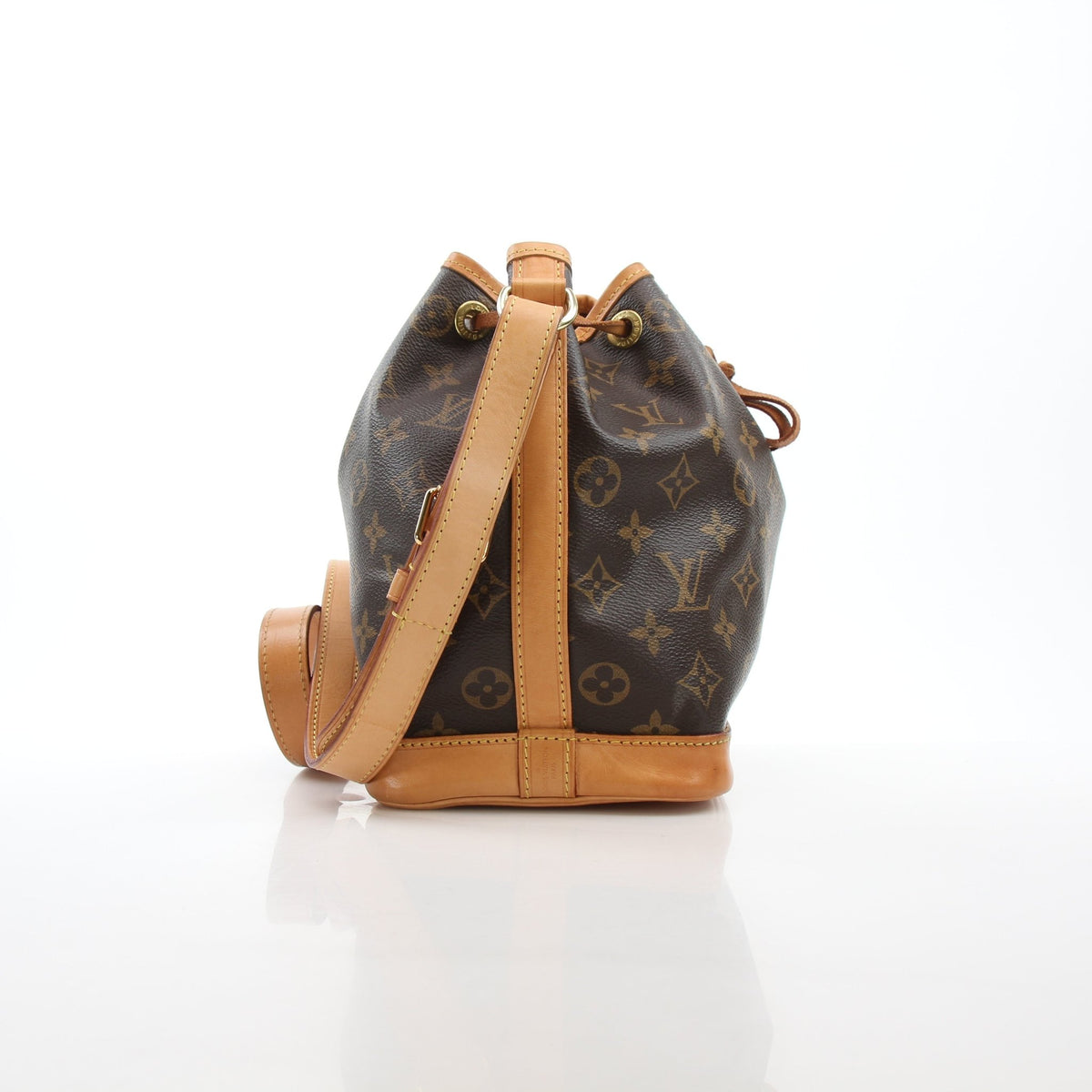 Louis Vuitton Noé BB Monogram Bucket Bag handbag with gold-tone hardware and adjustable strap, featuring classic monogram canvas design.