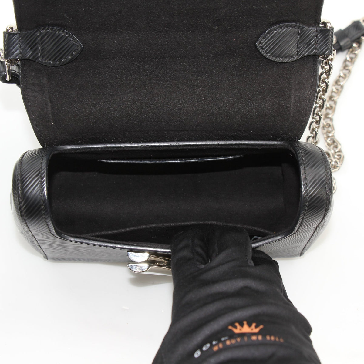 Louis Vuitton Twist PM black chain shoulder handbag with gold hardware and structured design, displayed on a neutral background.