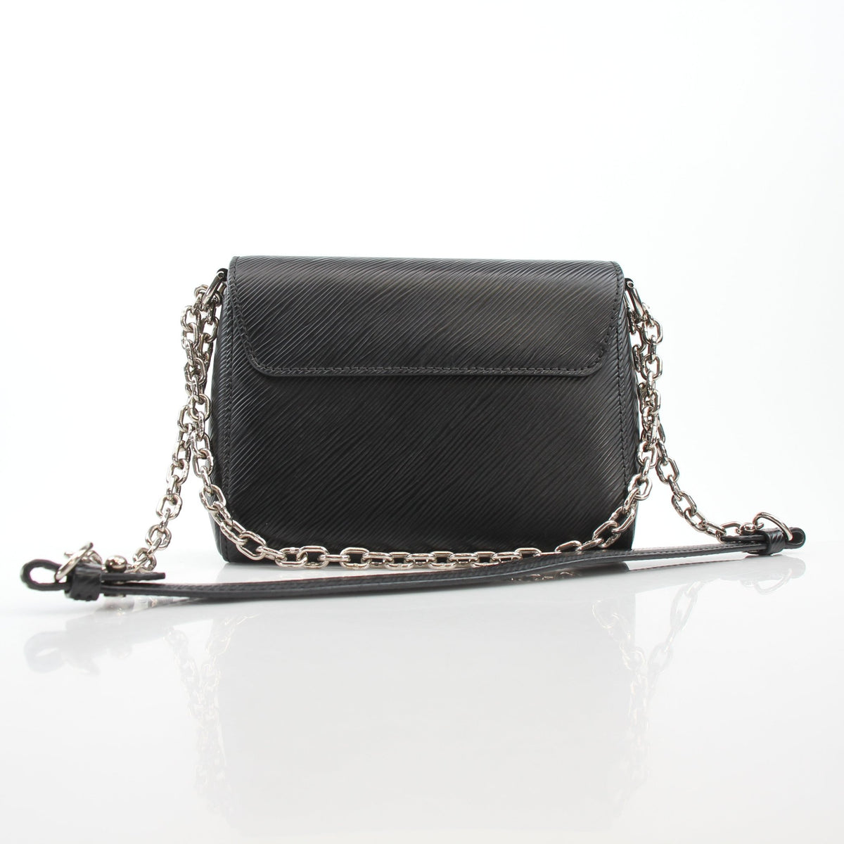 Louis Vuitton Twist PM black chain shoulder handbag with gold hardware, showcasing its elegant design and luxurious leather finish.