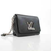 Louis Vuitton Twist PM black chain shoulder handbag with gold hardware, featuring signature LV logo and sleek leather design.