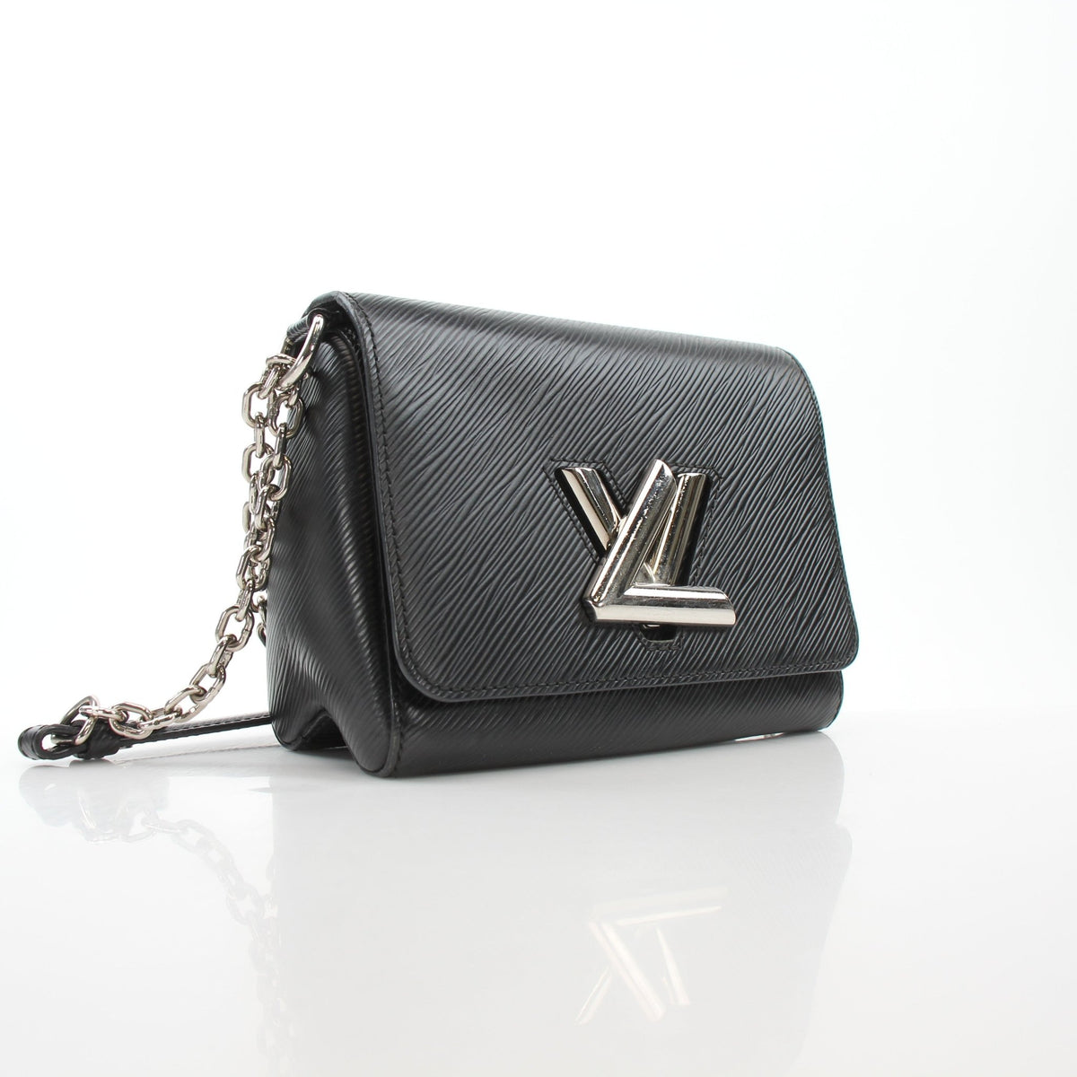 Louis Vuitton Twist PM black chain shoulder handbag with gold hardware, featuring signature LV logo and sleek leather design.