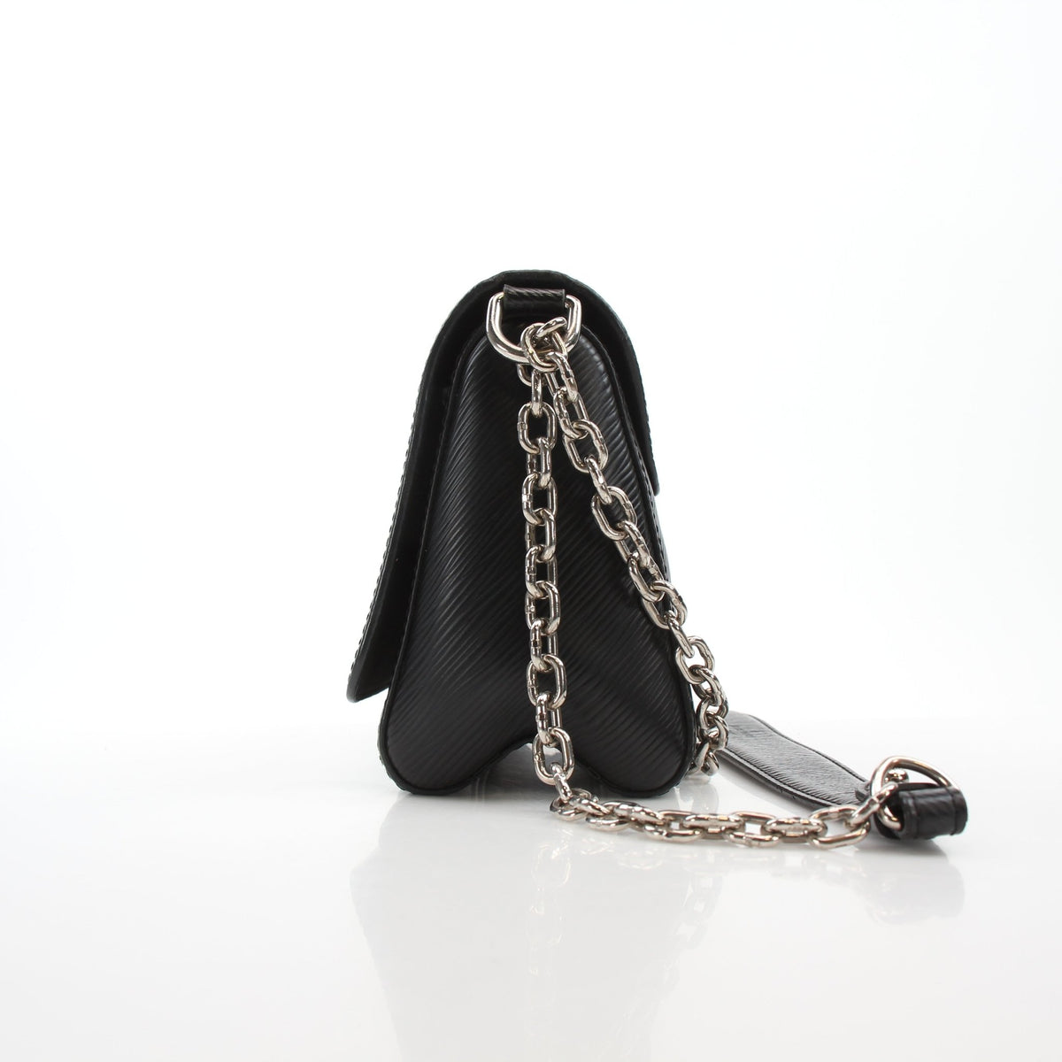 Louis Vuitton Twist PM black chain shoulder handbag with gold hardware, featuring a structured leather design and signature LV clasp.