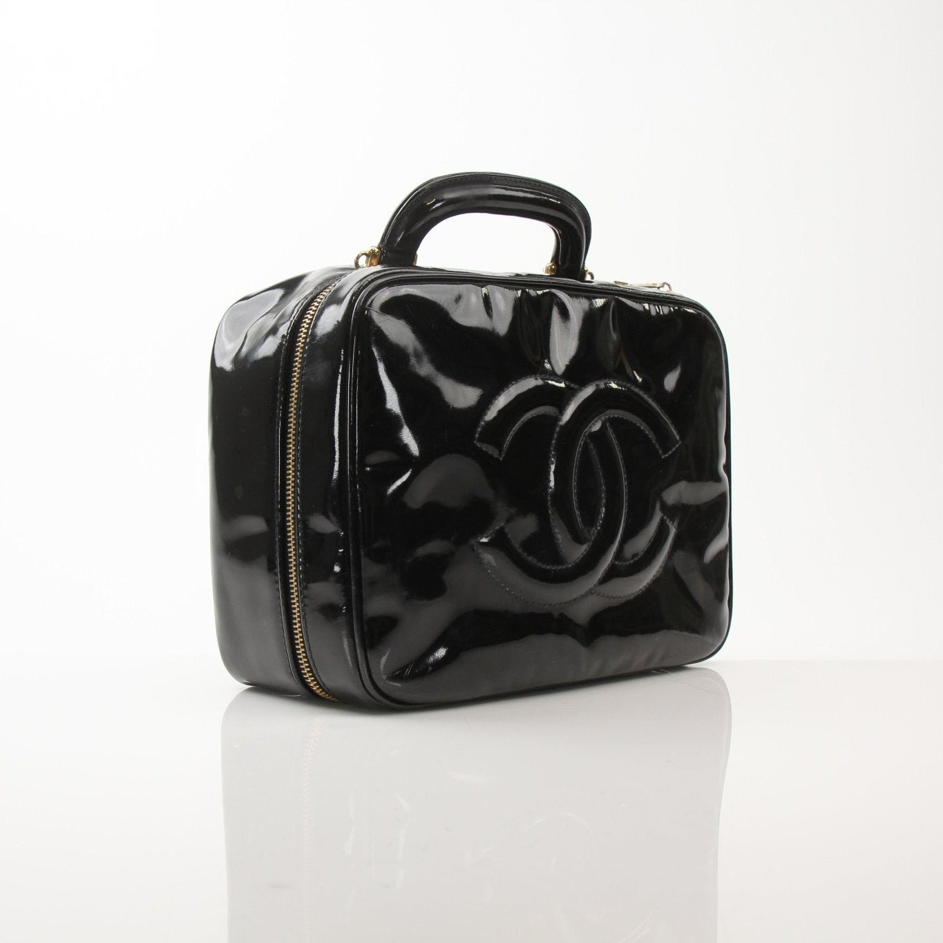 Gold & Beyond Chanel Coco Mark Patent 2-Way Handbag with quilted design and gold hardware, shown on a plain background.