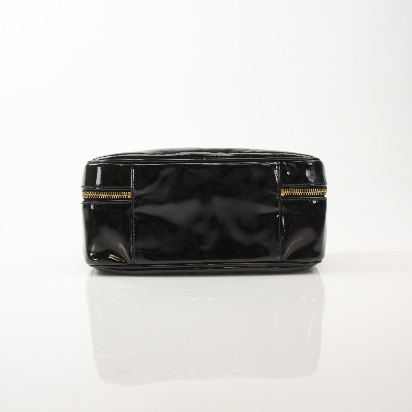 Gold & Beyond Chanel Coco Mark patent 2-way handbag with gold hardware and signature quilted design, featuring top handles.