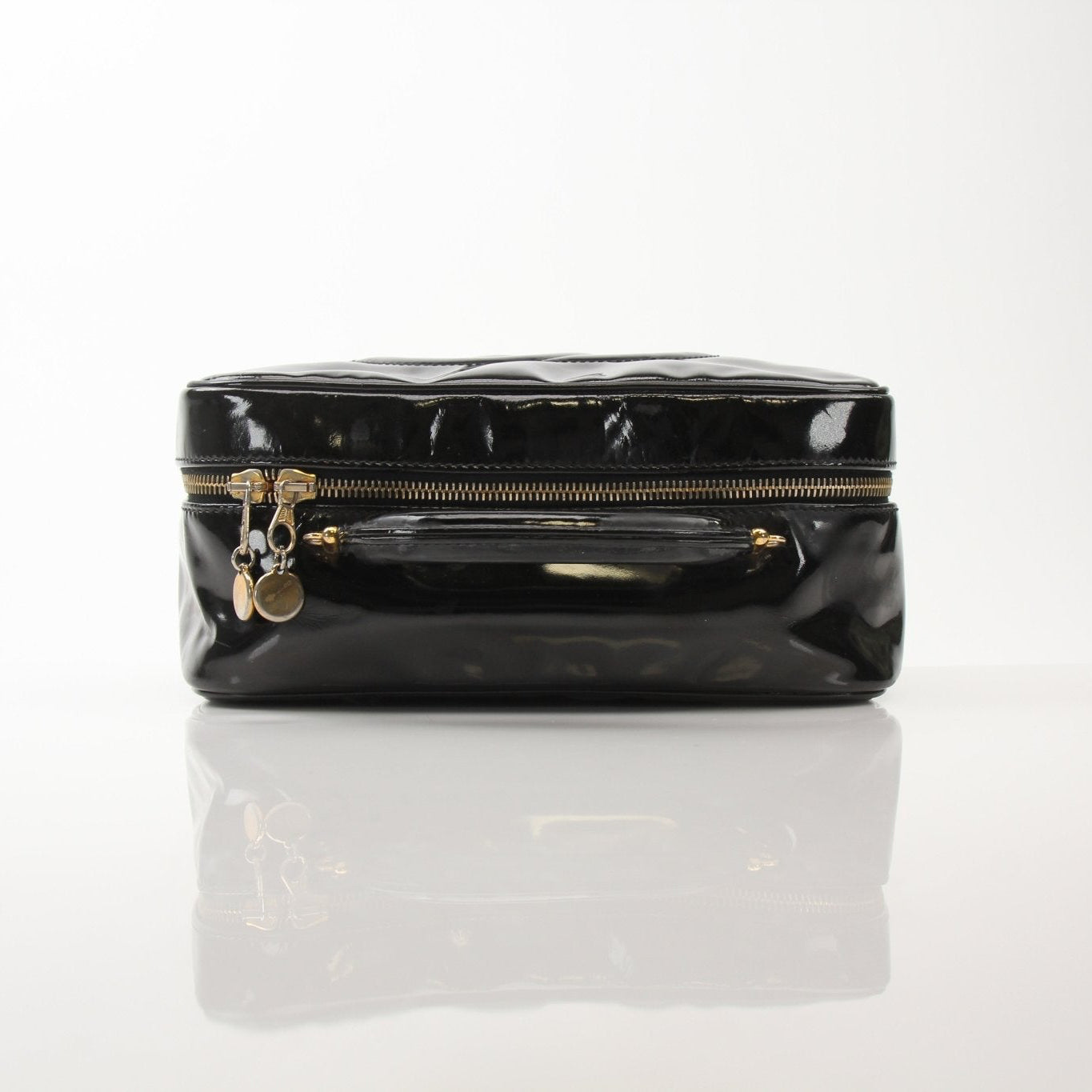 Gold & Beyond Chanel Coco Mark Patent 2-Way handbag featuring sleek black patent leather and gold hardware detailing.
