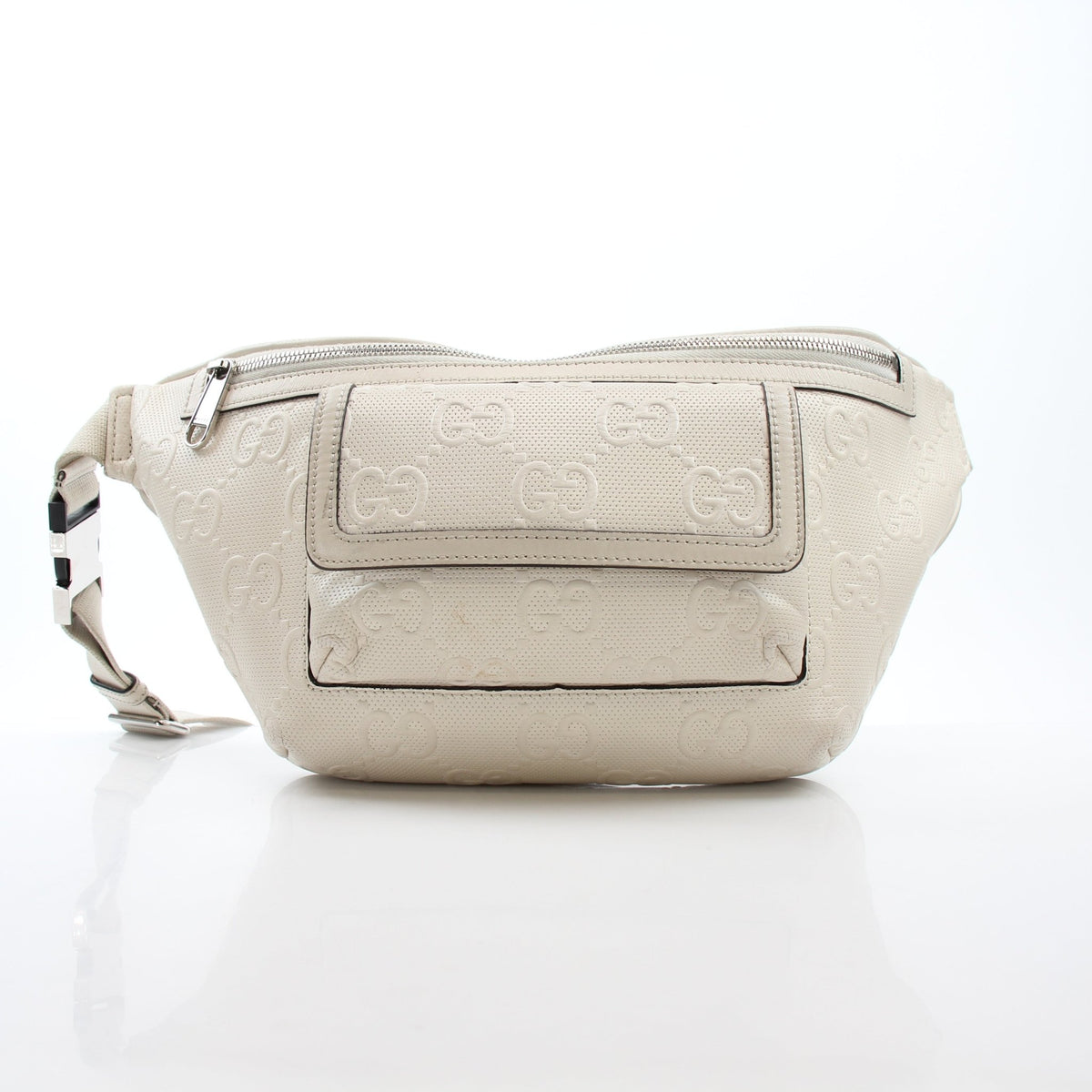 Gucci GG Tennis embossed pocket belt bag in mystic white, handcrafted leather handbag with gold accents and adjustable strap.
