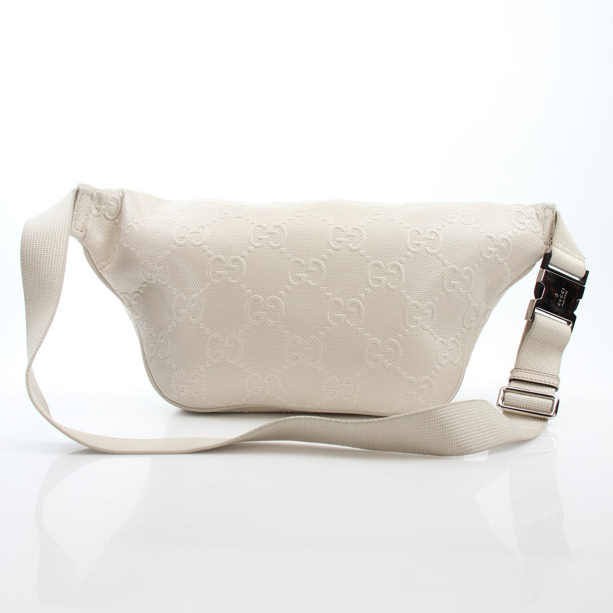 Gold & Beyond Gucci GG Tennis Embossed Pocket Belt Bag in Mystic White, stylish handbag with embossed logo and compact design.
