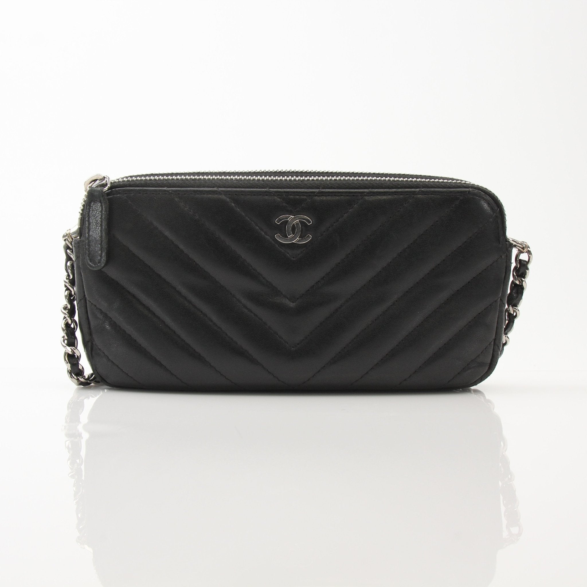 Chanel V-Stitch Chevron Lambskin 2-Way Chain Handbag with gold hardware and classic design, featuring quilted pattern and chain strap.