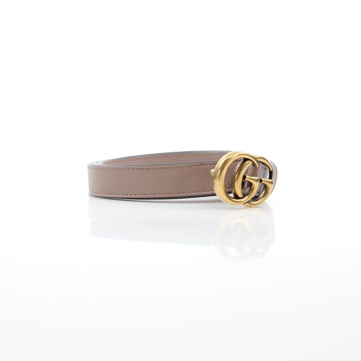 Gold & Beyond Gucci GG Marmont thin taupe leather belt for accessories, featuring the iconic double G logo and sleek design.