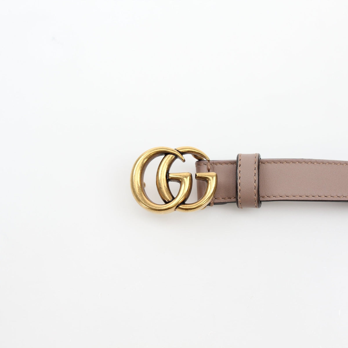 Gold & Beyond Gucci GG Marmont thin taupe leather belt with gold-tone buckle for stylish accessories.