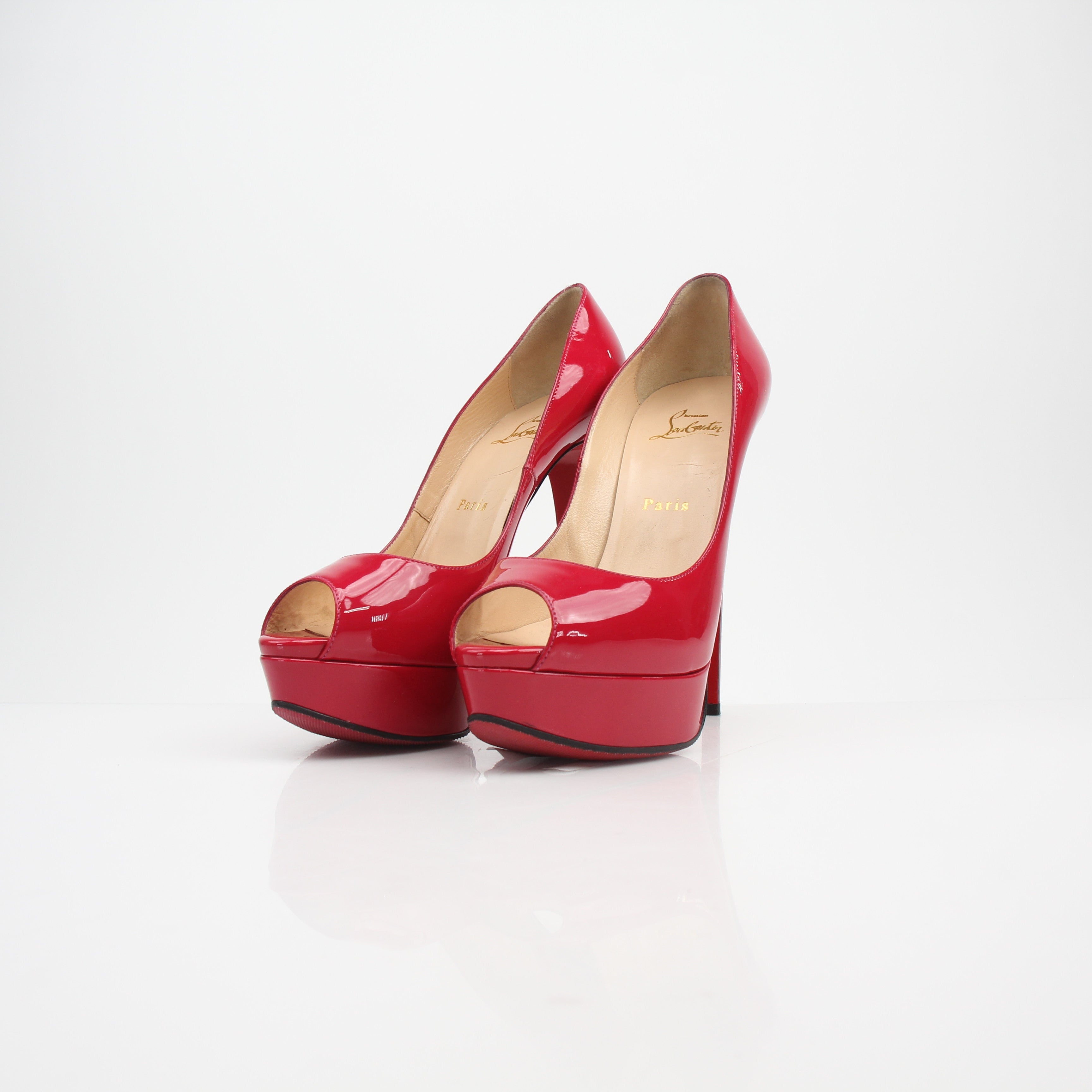 Christian Louboutin Lady Peep Red Patent Leather Platform Heels