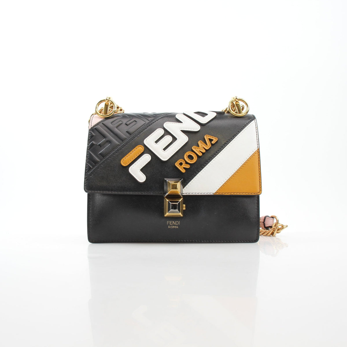 Fendi x FILA Fendi Mania Small Kan I shoulder handbag with gold accents, featuring the signature logo and stylish design.