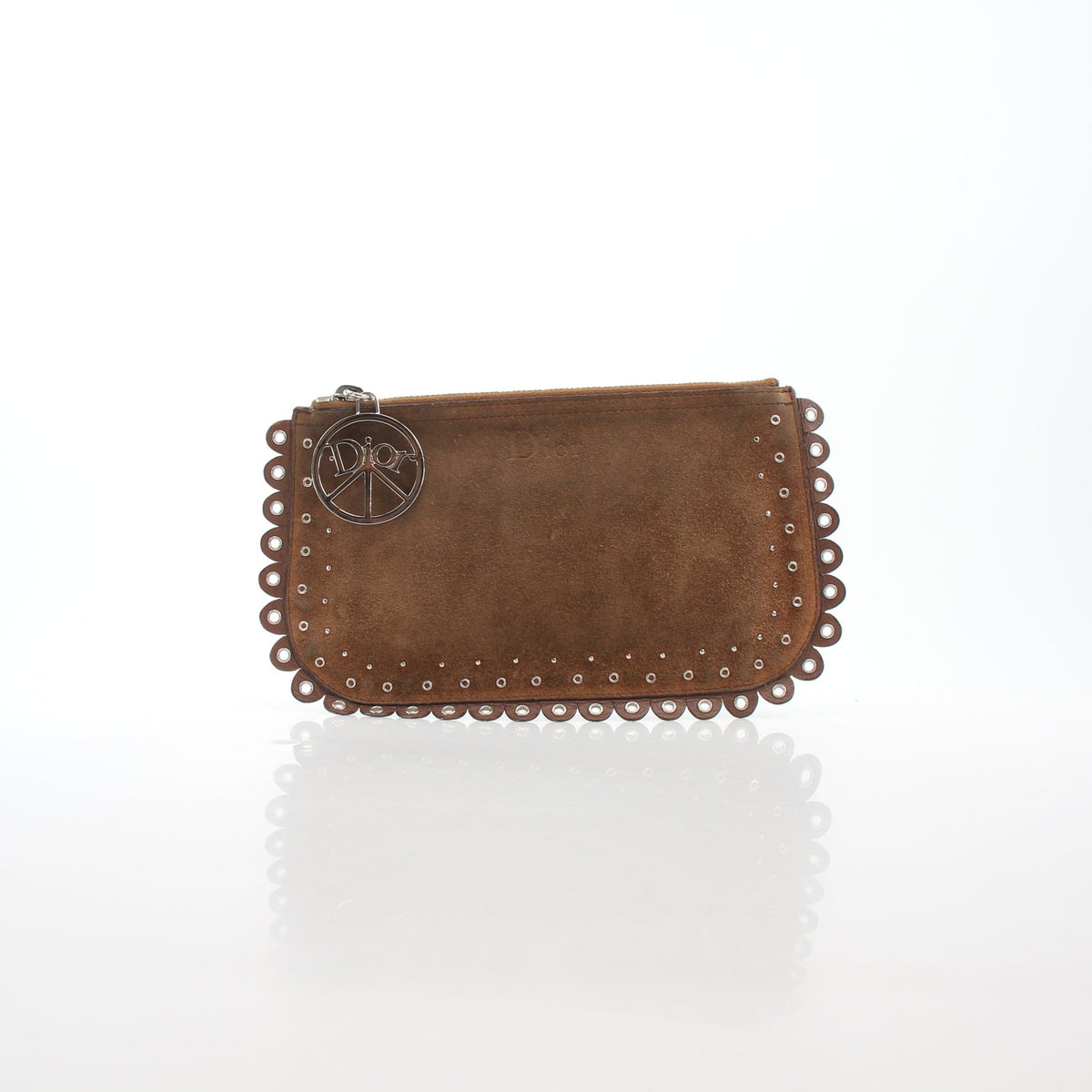 Brown Christian Dior Peace & Love suede clutch handbag with gold accents, featuring a sleek, stylish design.