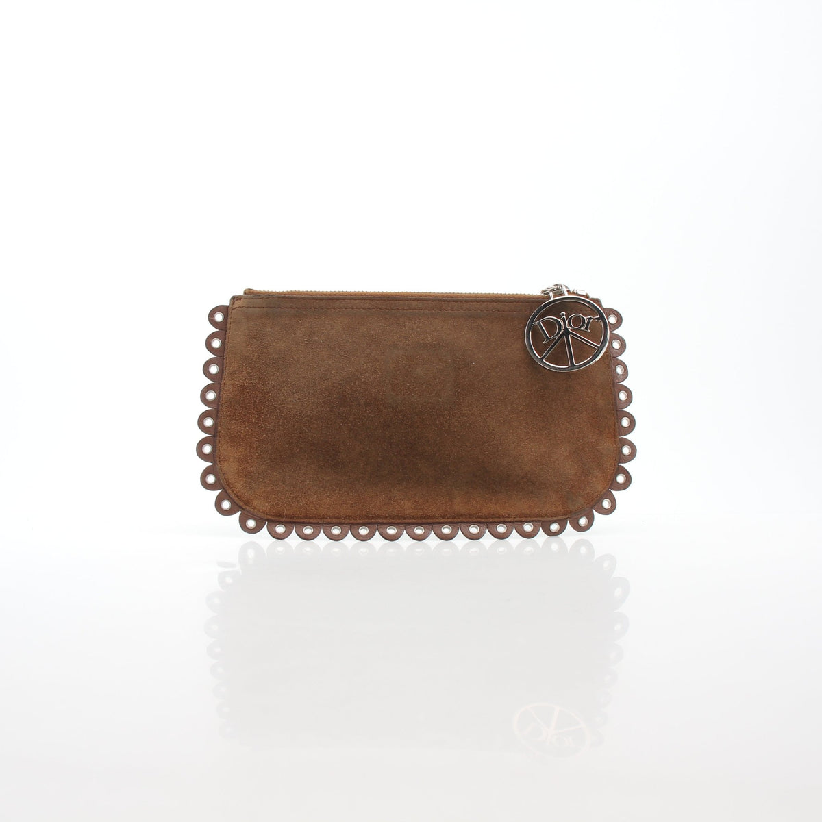 Christian Dior Peace & Love suede clutch handbag in brown with gold accents, featuring a stylish and compact design.