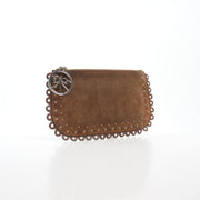 Christian Dior Peace & Love suede clutch handbag in brown with gold accents, showing its textured surface and compact design.