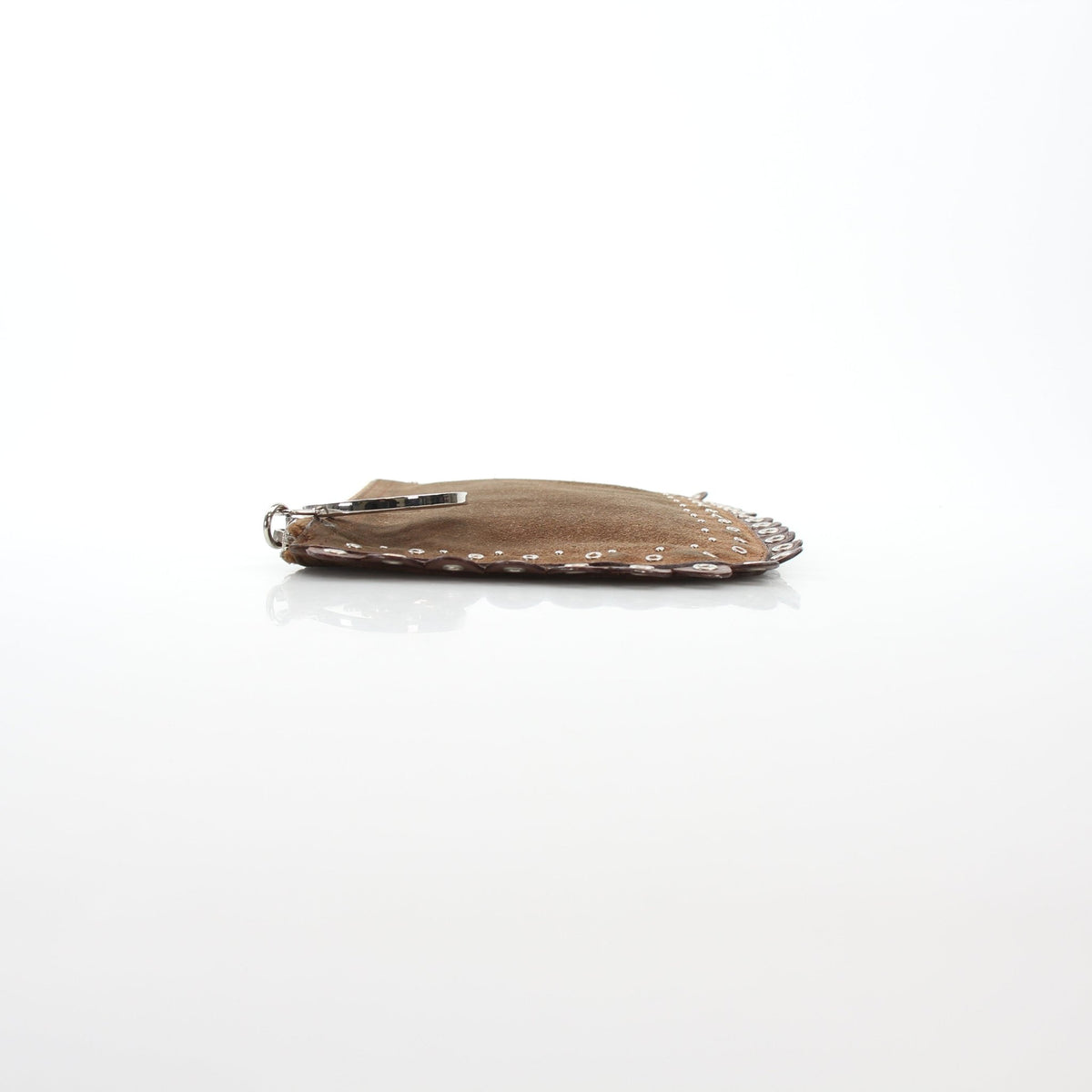 Brown Christian Dior Peace & Love suede clutch handbag with gold accents, featuring a sleek, compact design.