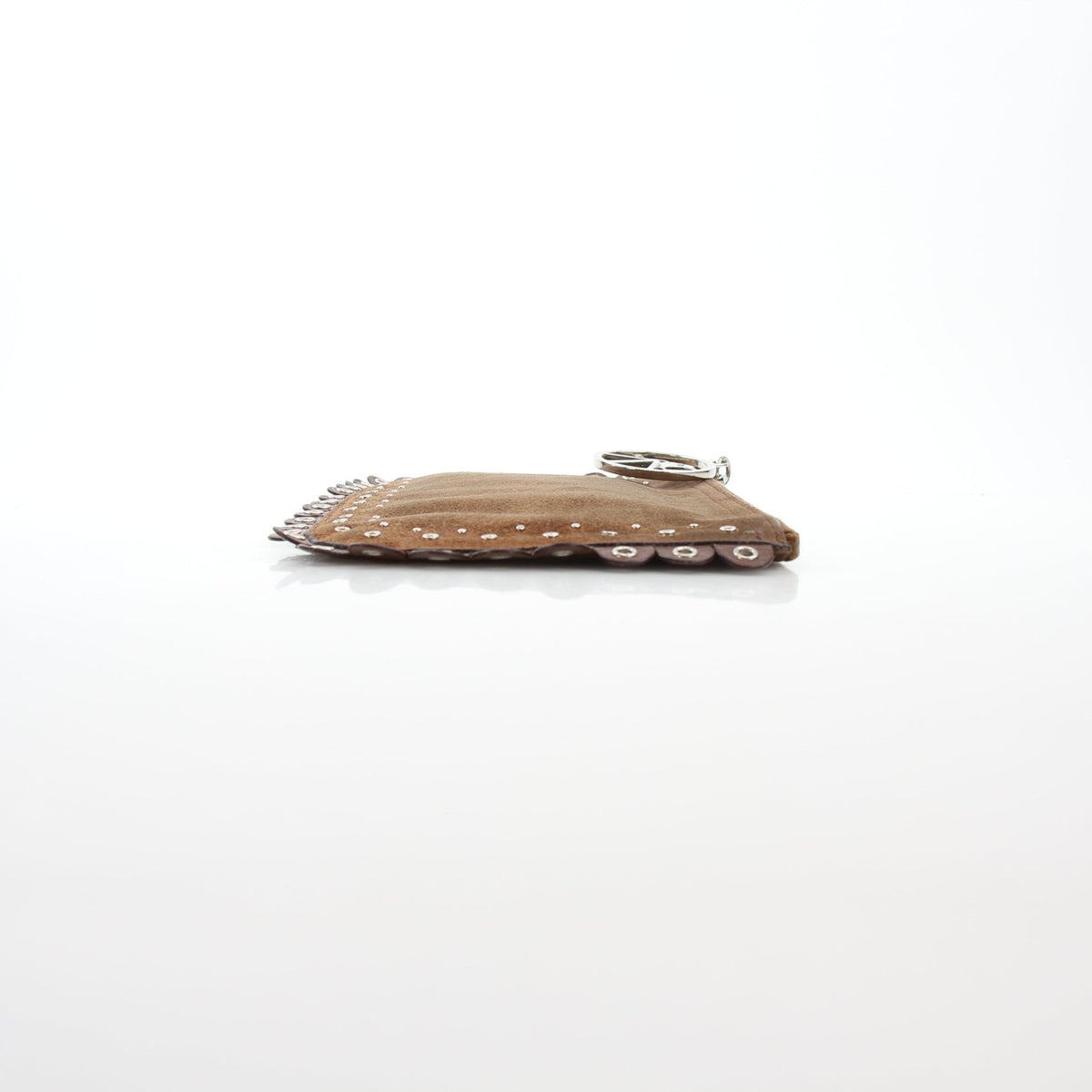 Christian Dior Peace & Love suede clutch handbag in brown with gold accents, featuring a compact, stylish design.