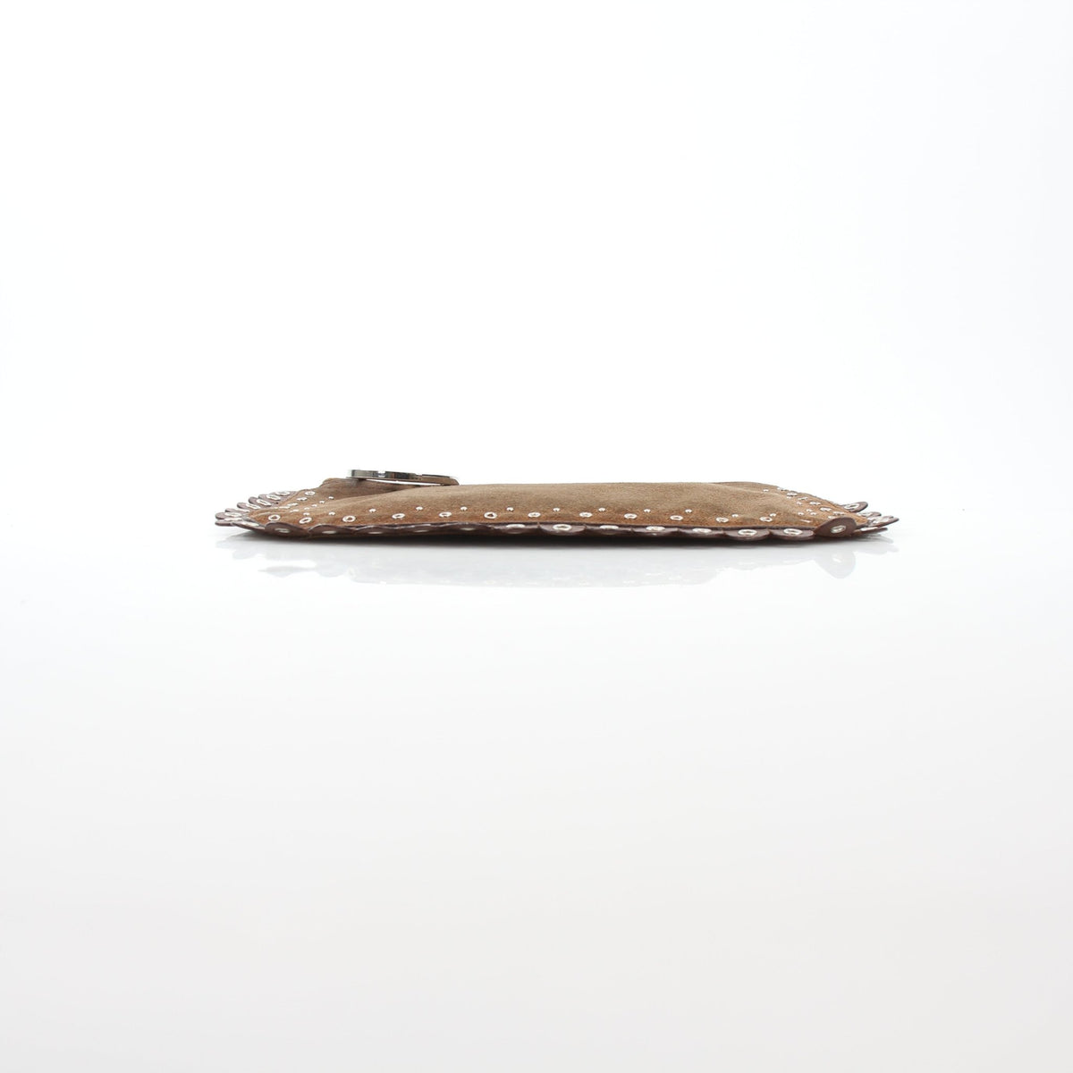 Christian Dior Peace & Love suede clutch handbag in brown with gold accents, featuring a sleek, compact design.