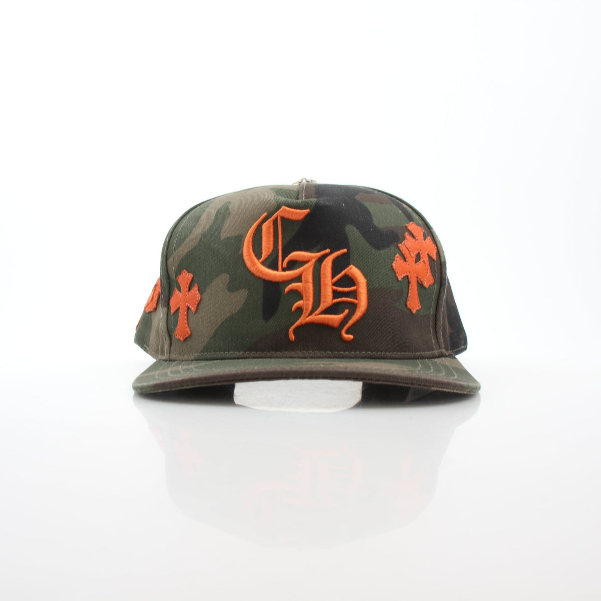 Chrome Hearts Camo Orange Cemetery Cross patch baseball hat with adjustable strap and embroidered logo, accessory by Gold & Beyond.