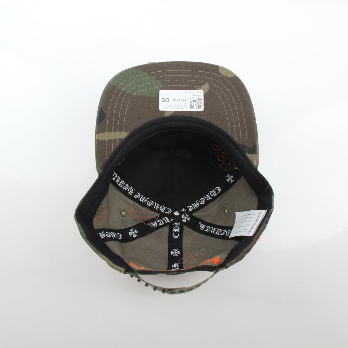 Chrome Hearts Camo Orange Cemetery Cross patch baseball hat with adjustable strap, featuring vibrant camo and embroidered cross design.