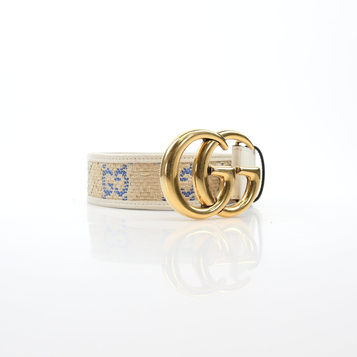 Gucci GG Marmont Raffia Belt in natural ivory and blue, luxury accessories featuring a woven raffia design.