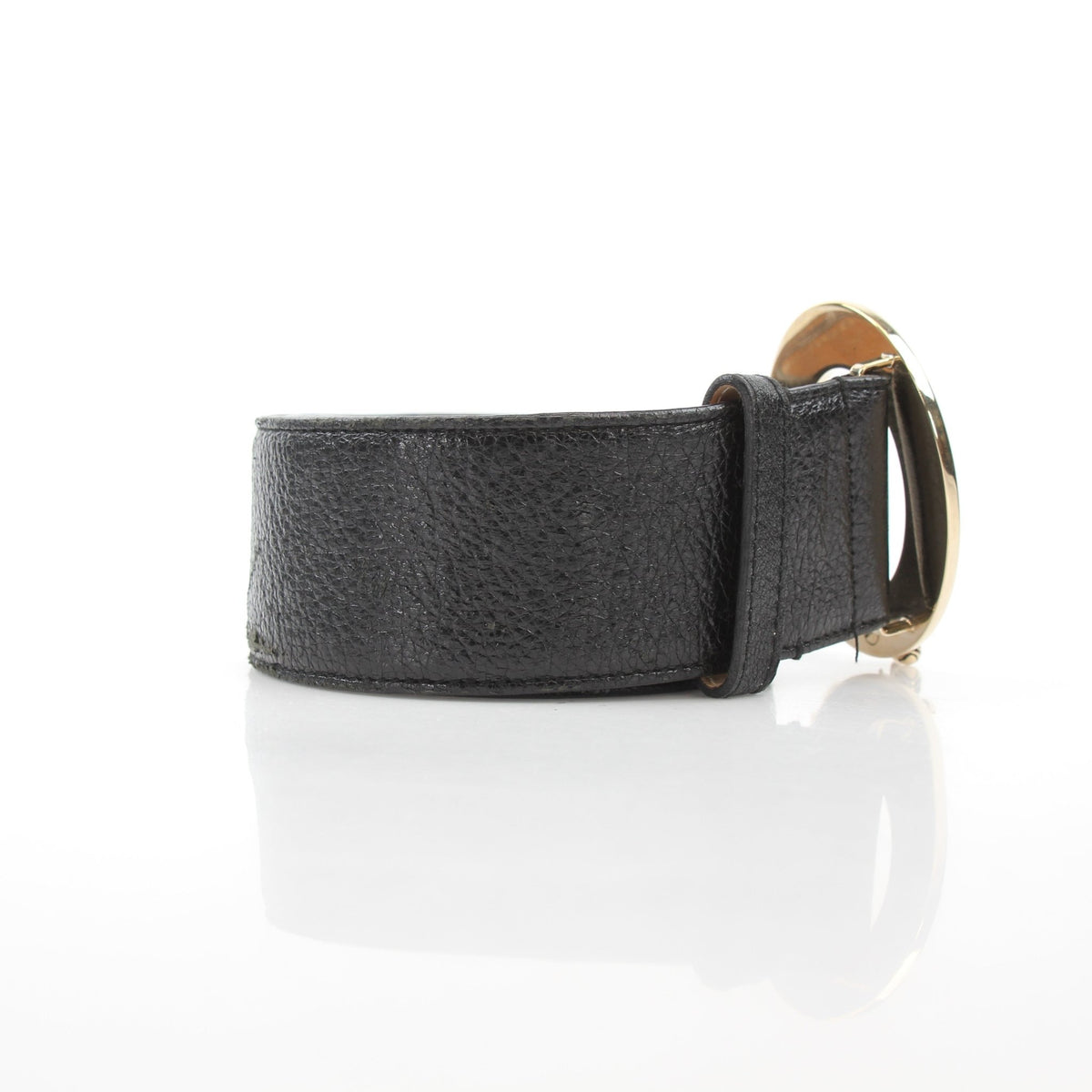 Black Christian Dior Cause Bee Oval Buckle Belt handbag in grained calfskin leather with gold hardware and detailed bee logo.