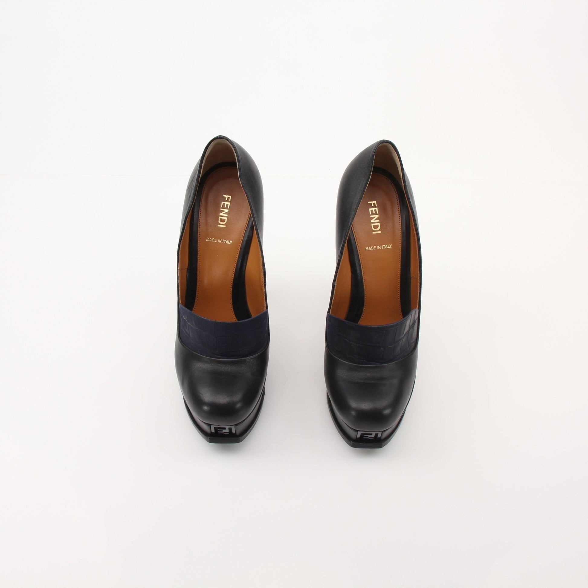 Gold & Beyond Fendi Fendista platform heels with sleek design and high heel height, showcased on a neutral background.