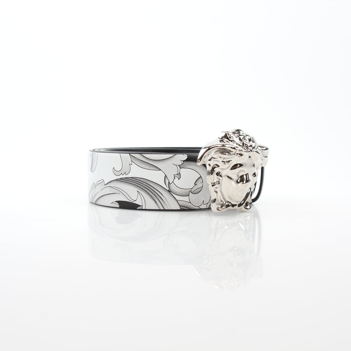 Versace men's reversible belt with Medusa Barocco design, black and white calfskin leather, stylish accessories for men.