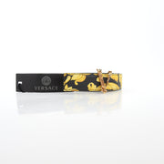 Versace women’s Virtus Barocco print belt in black and gold calfskin leather, stylish accessory with intricate pattern details.