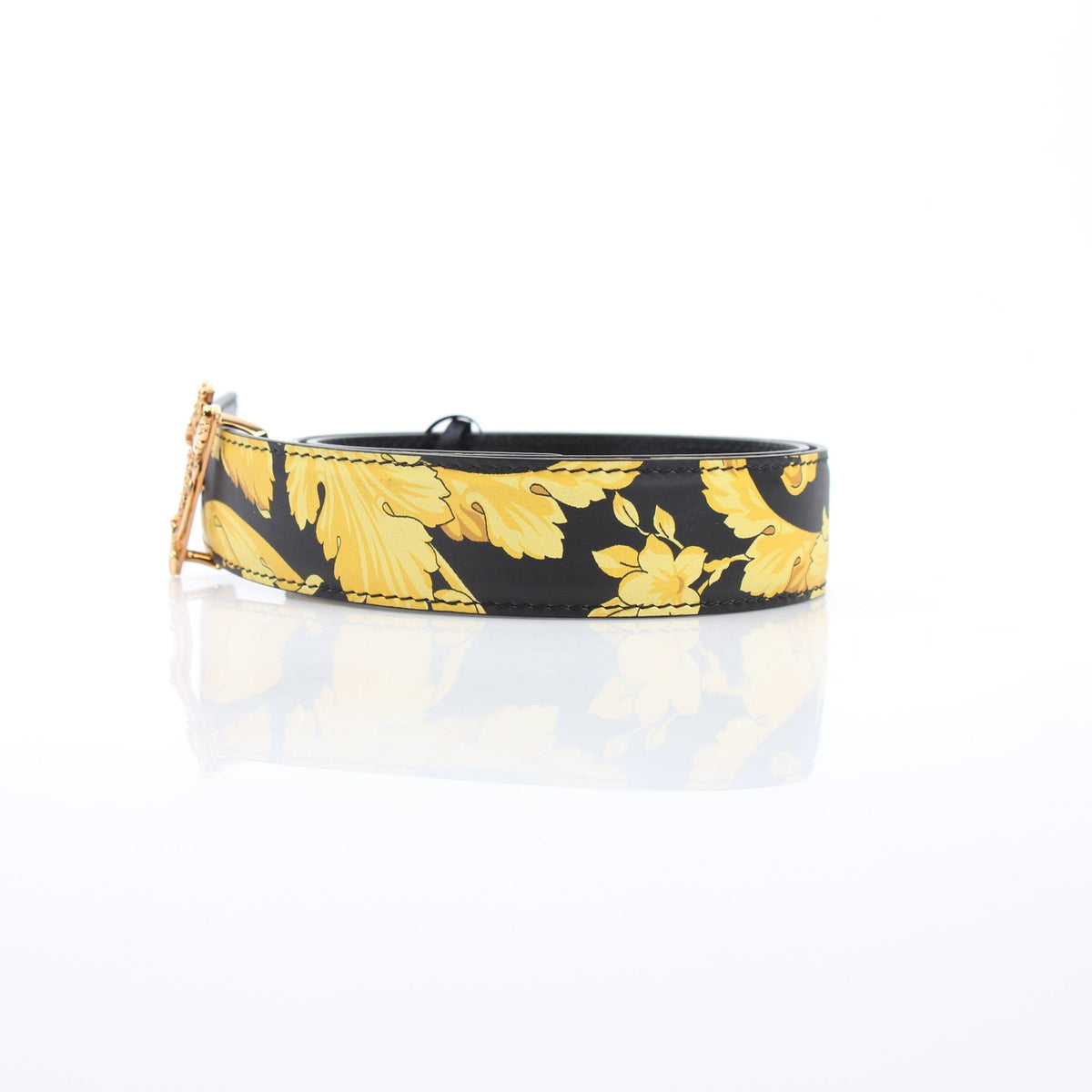 Versace women's Virtus Barocco print belt in black and gold calfskin leather, stylish accessories by Gold & Beyond.