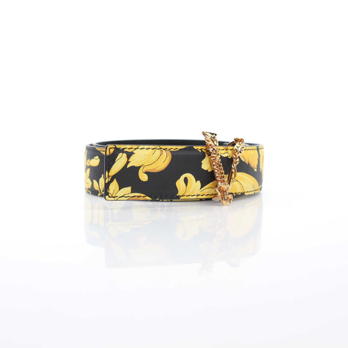Versace Women's Virtus Barocco Print Black and Gold Calfskin Leather Belt, luxury accessories with ornate design and gold accents