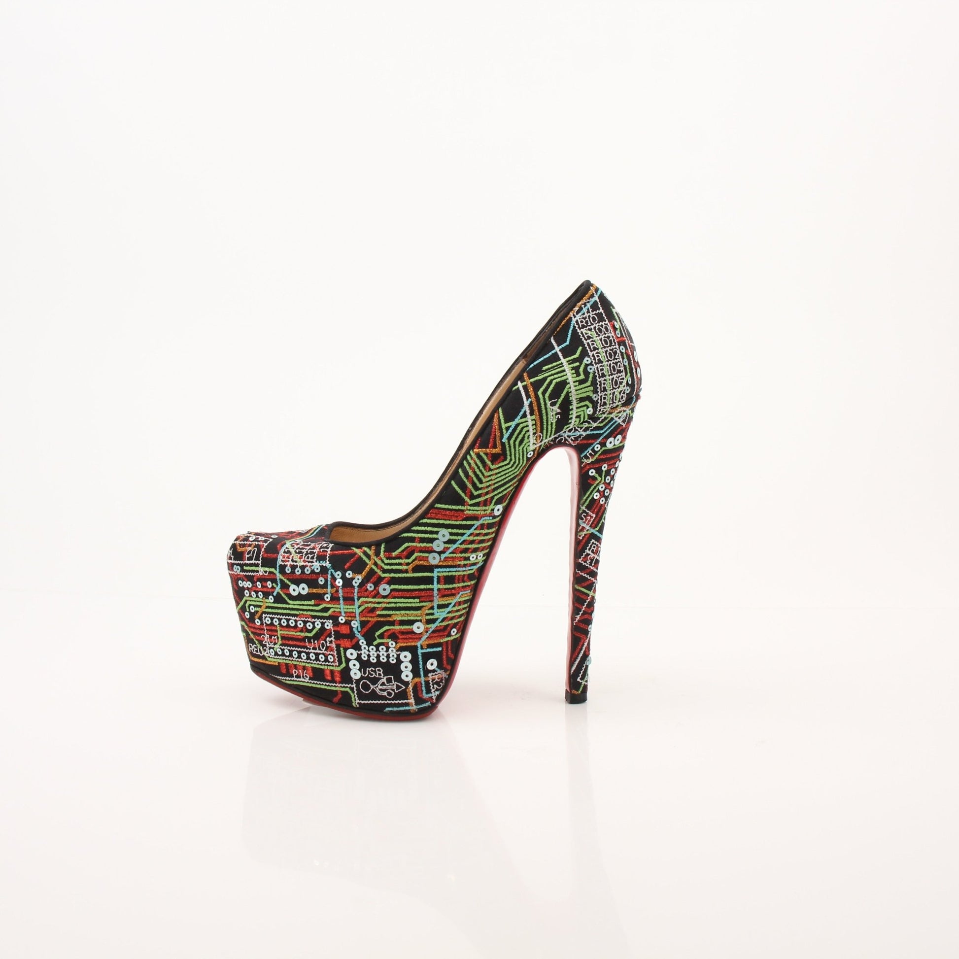 Gold & Beyond Christian Louboutin Lady Peep Geek Pumps heels featuring black patent leather and signature red soles.